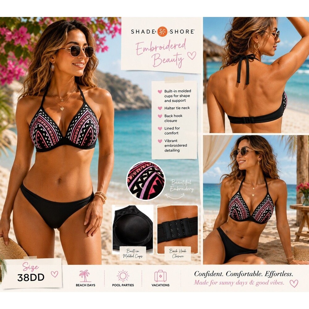 Shade & Shore Women 38DD Embroidered Geometric Halter Bikini Top Black Pink